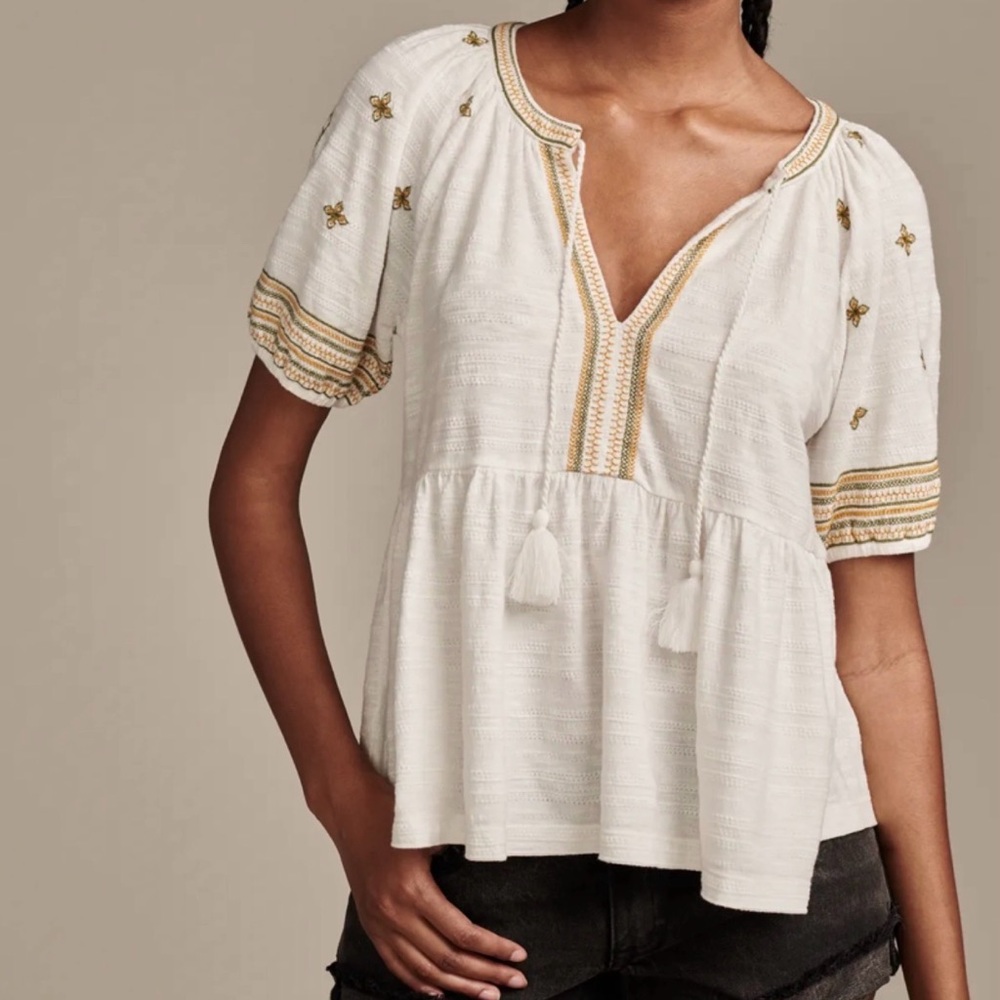 Lucky Brand Easy Embroidered Cotton Lightweight Short Sleeve Blouse size large